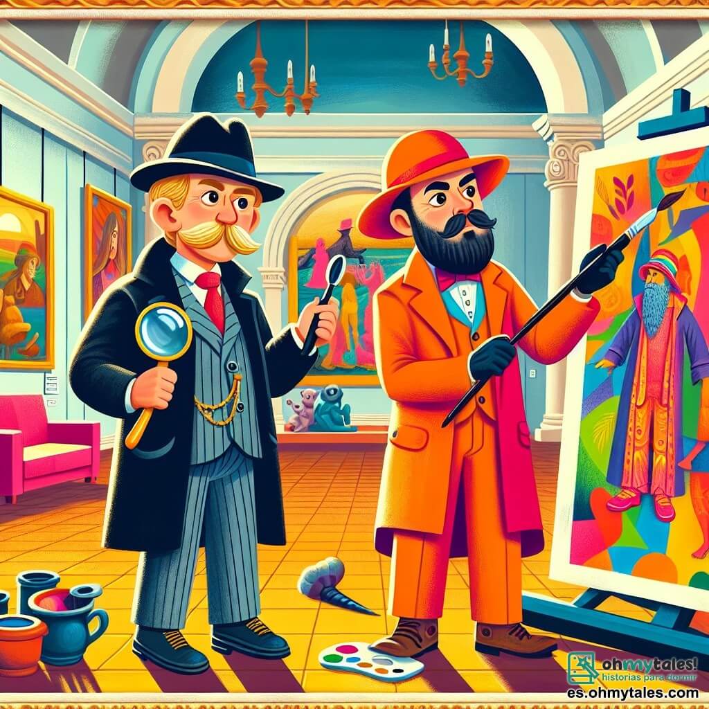 Une illustration destinée aux enfants représentant un détective brillant, un homme au chapeau noir et à la loupe en main, résolvant un mystère avec l'aide d'un artiste peintre, un homme barbu vêtu de couleurs vives, dans la salle principale d'un musée d'art orné de tableaux colorés et de sculptures élégantes à Villa Esperanza.