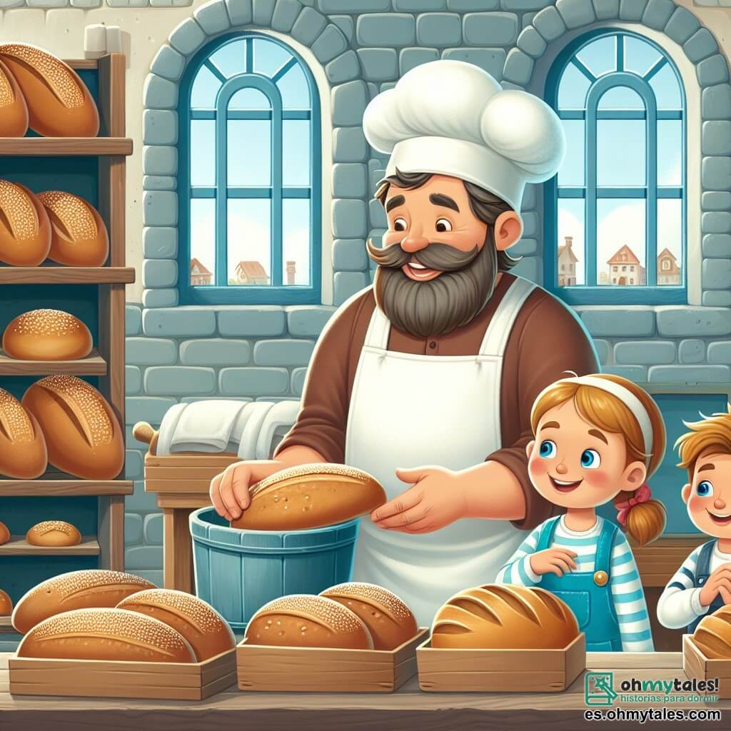 Une illustration destinée aux enfants représentant un boulanger souriant et robuste préparant du pain avec deux enfants curieux, une fille et un garçon, dans une charmante boulangerie en pierre avec de grandes fenêtres et des étagères remplies de délicieuses miches de pain.