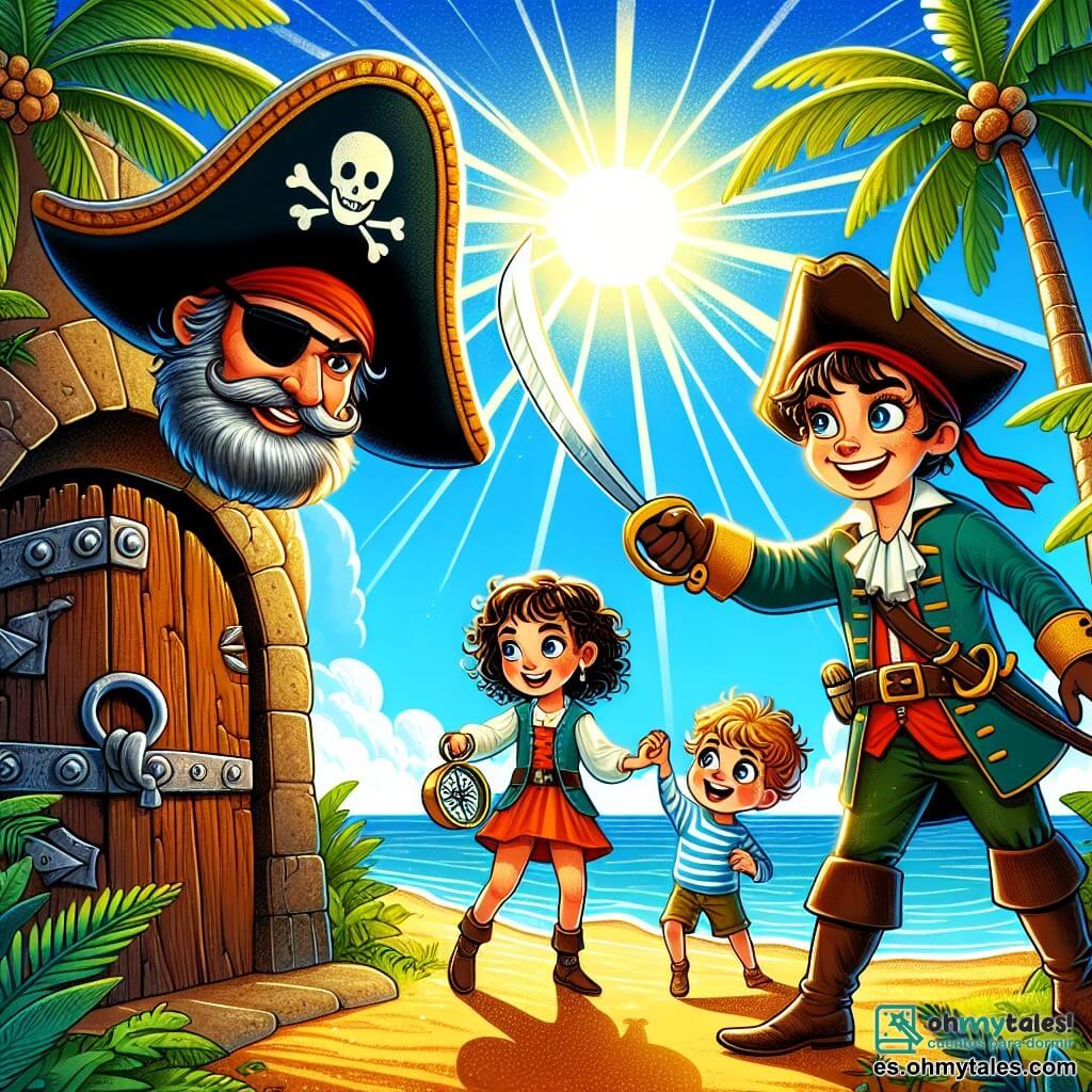 Une illustration sous forme de dessin destinée aux enfants représentant une île tropicale ensoleillée avec des palmiers verdoyants et un ciel bleu éclatant, où un homme au grand chapeau de pirate à trois pointes et à la barbe grise, brandissant une épée avec détermination, se tient devant une porte mystérieuse taillée dans la roche, tandis qu'une jeune fille courageuse aux cheveux bouclés et à la tenue de pirate l'encourage avec un sourire, et un petit garçon aux yeux pétillants, portant une boussole, observe avec fascination, alors qu'ils se préparent à affronter le gardien du trésor caché.