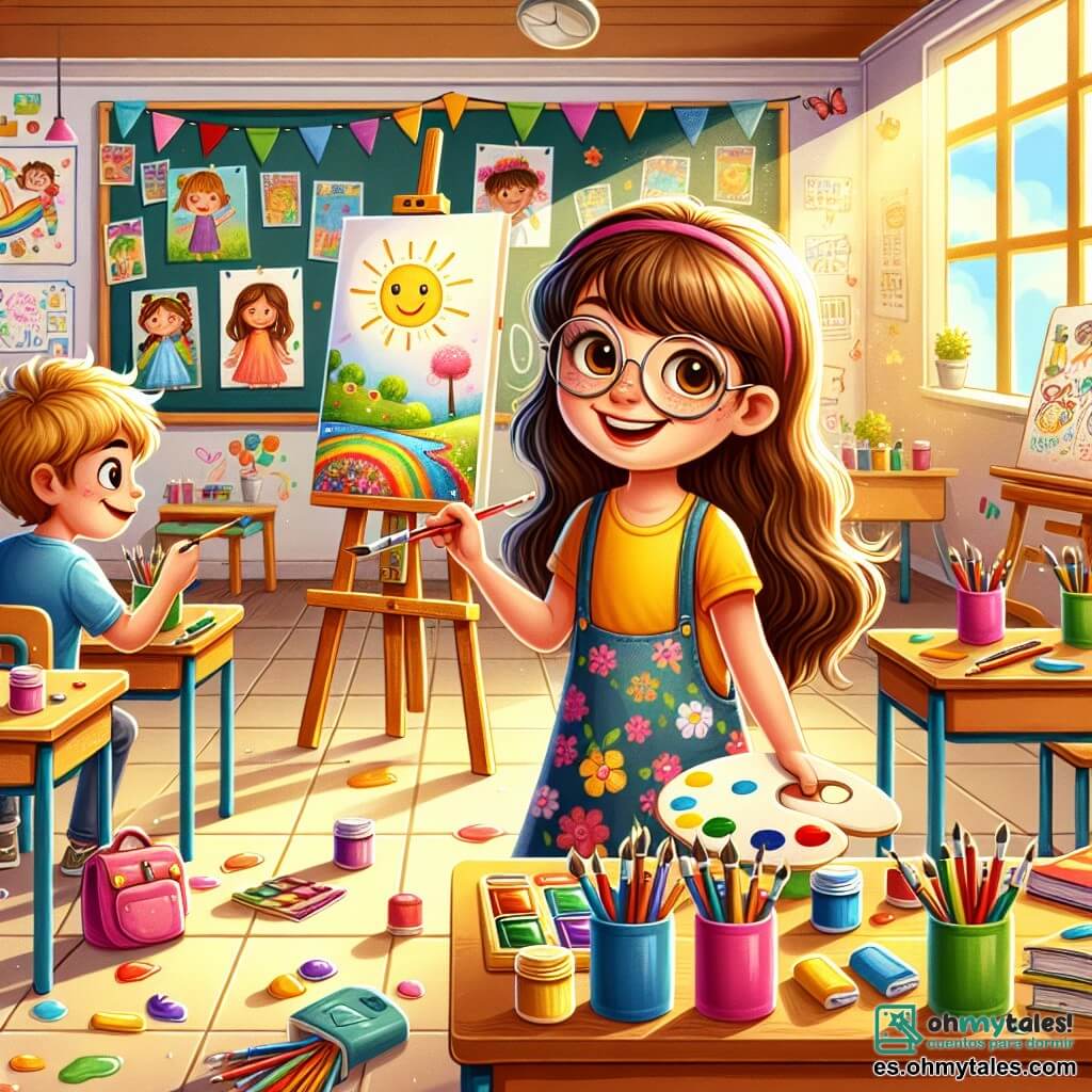 Ilustración que representa un aula colorida y acogedora, con paredes adornadas con dibujos de niños y carteles educativos. Ventanas dejan entrar la luz del sol, iluminando los escritorios de madera donde hay cuadernos y lápices de todos los colores. En el centro de la imagen, una niña de 9 años, con largos cabellos castaños y gafas redondas, está pintando en un pequeño caballete. Lleva una camiseta amarilla brillante y una falda de flores, y su rostro está iluminado por una gran sonrisa, mostrando su entusiasmo y creatividad. A su lado, un niño de 9 años, con el cabello rubio alborotado y una camiseta azul, observa con curiosidad lo que ella crea. Sostiene una paleta de pintura en una mano y un pincel en la otra, listo para unirse a ella. La escena captura el momento alegre en que los niños se expresan artísticamente, rodeados de colores vivos y risas, ilustrando el espíritu de camaradería y descubrimiento que acompaña el inicio del curso escolar. Salpicaduras de pintura colorida son visibles sobre la mesa, añadiendo un toque lúdico a toda la ilustración.