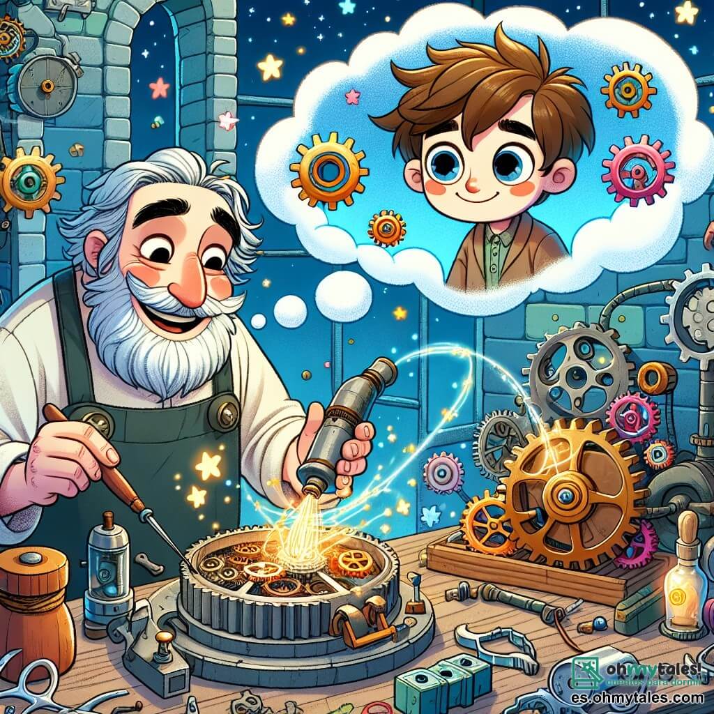 Une illustration sous forme de dessin destinée aux enfants représentant un atelier magique rempli de rouages colorés et d'outils scintillants, où un homme aux cheveux ébouriffés et à la barbe blanche, souriant et vêtu d'une blouse de travail, ajuste une machine étrange qui émet des étincelles, tandis qu'un garçon aux grands yeux curieux, avec des cheveux bruns en désordre, observe avec émerveillement, imaginant des rêves de vol dans un ciel bleu parsemé de nuages en forme de coton, capturant l'instant où la magie de l'invention prend vie.