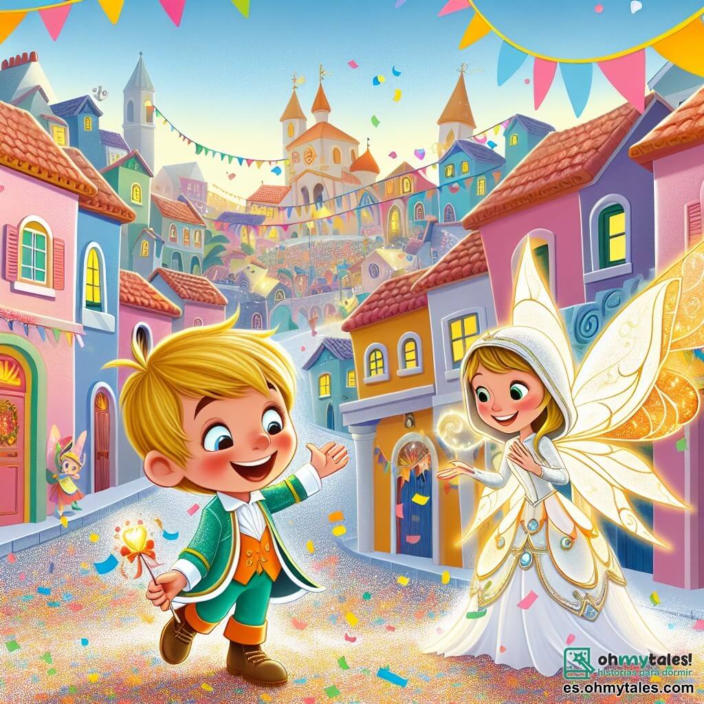Une illustration destinée aux enfants représentant un petit garçon plein d'enthousiasme découvrant un costume magique lors du carnaval coloré d'Arcoiris, accompagné d'une fée étincelante dans un village aux maisons pastel et aux rues pavées de confettis scintillants.