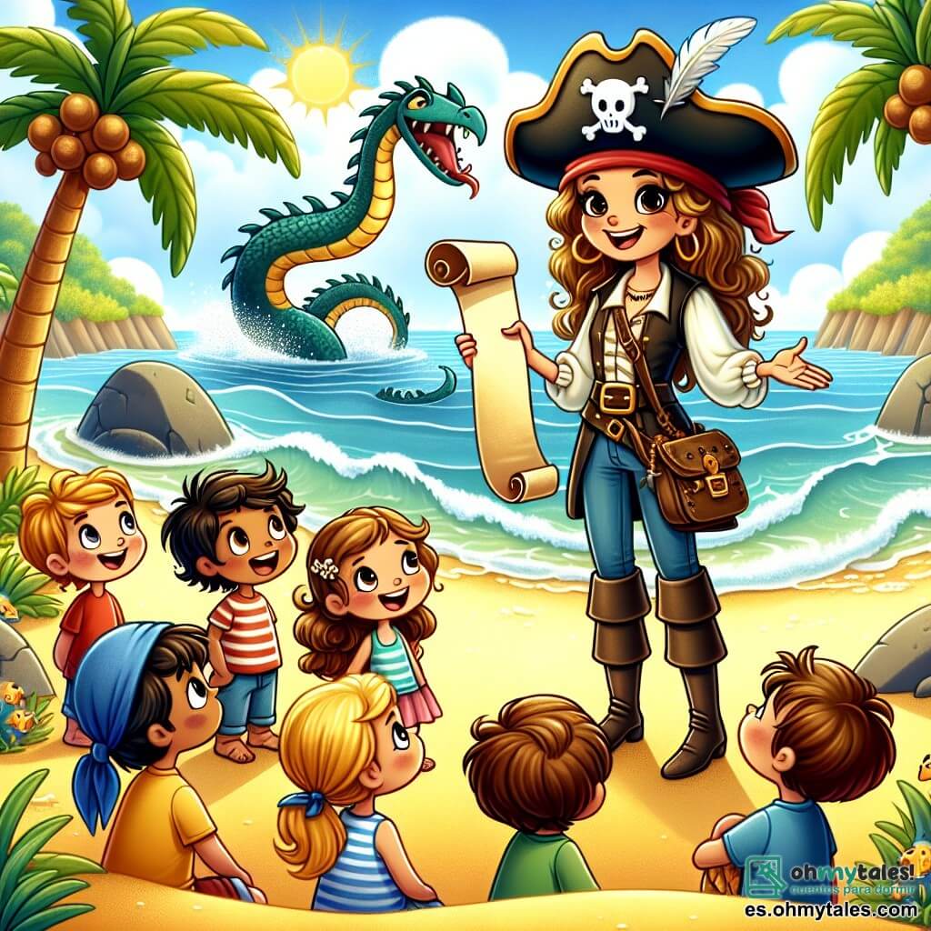 Une illustration sous forme de dessin destinée aux enfants représentant une île tropicale ensoleillée avec des palmiers et des plages de sable doré, où une courageuse femme pirate aux cheveux longs et bouclés, portant un chapeau de pirate et un chaleco en cuir, se tient fièrement sur un rocher, tenant un vieux parchemin enroulé, tandis qu'un groupe de garçons et de filles aux visages émerveillés l'entoure, écoutant attentivement son récit d'aventure sur un trésor caché, avec un grand dragon de mer aux écailles brillantes émergeant des vagues en arrière-plan, symbolisant le mystère et la magie de leur quête.