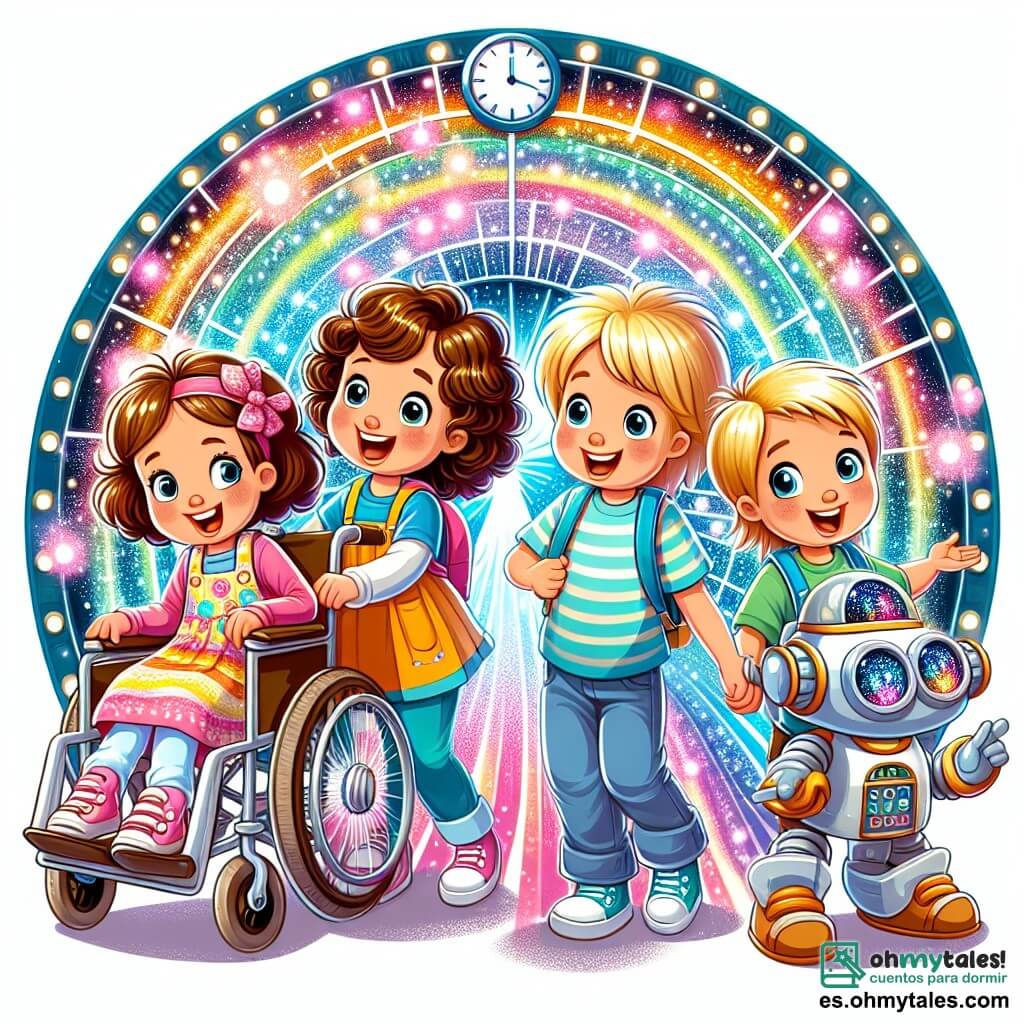 Une illustration sous forme de dessin destinée aux enfants représentant un groupe de quatre enfants de cinq ans, deux filles aux cheveux bouclés et brillants, l'une portant une robe colorée et l'autre un t-shirt à rayures, ainsi qu'un garçon aux cheveux blonds et une casquette, et une fille en fauteuil roulant avec un sourire éclatant, tous émerveillés devant un tunnel magique lumineux rempli de couleurs vives, tandis qu'un petit robot aux yeux pétillants et au corps métallique les observe avec bienveillance, capturant l'instant où ils s'apprêtent à entrer dans le tunnel pour vivre une aventure de voyage dans le temps.