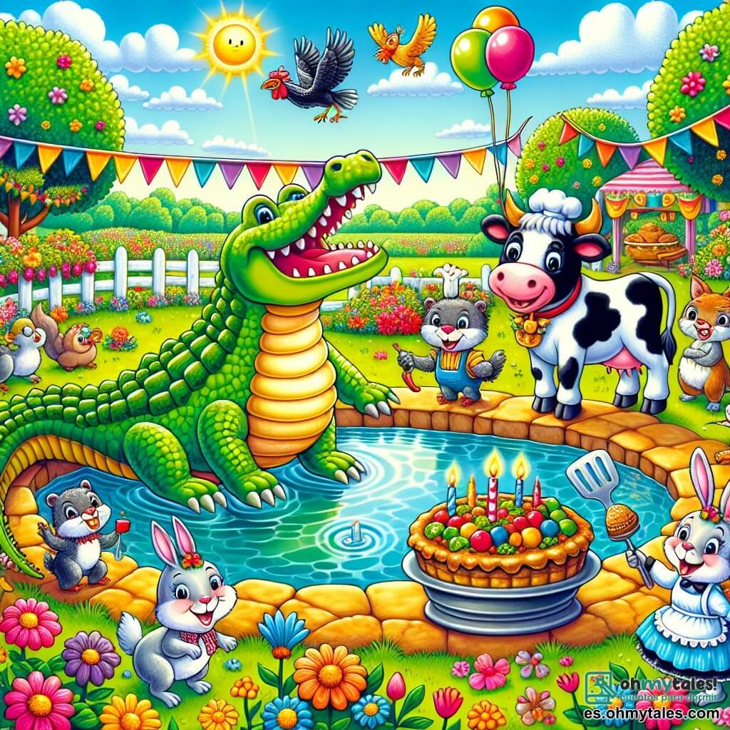 Ilustración que representa una escena alegre en una granja colorida, con un gran estanque brillante en el centro, rodeado de flores vibrantes y árboles verdes. En primer plano, un cocodrilo de pelaje verde brillante, con grandes escamas relucientes bajo el sol, está de pie sobre sus patas traseras, sonriendo ampliamente mientras reúne a todos los animales para una fiesta. A su lado, una vaca de pelaje blanco y negro, con ojos dulces y redondos, lleva un delantal y sostiene una espátula, lista para preparar delicias. Al fondo, un gallo de plumas doradas canta alegremente, mientras un grupo de conejos de grandes orejas y pelajes variados llega saltando, trayendo globos de colores. La escena está llena de risas y alegría, con guirnaldas de flores colgando y una gran tarta gigante en una mesa, lista para ser degustada.