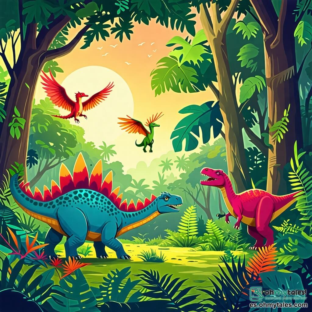Une illustration sous forme de dessin destinée aux enfants représentant une forêt préhistorique luxuriante avec des arbres géants et des fougères verdoyantes, où un stégosaure aux plaques dorsales colorées se régale de feuilles croustillantes, tandis qu'un petit pterodactyle aux ailes brillantes vole joyeusement au-dessus de lui, et un imposant tyrannosaure, avec son corps musclé et son regard amical, tend la tête pour attraper des feuilles hautes, illustrant ainsi l'amitié et la coopération entre ces dinosaures dans leur quête de nourriture.