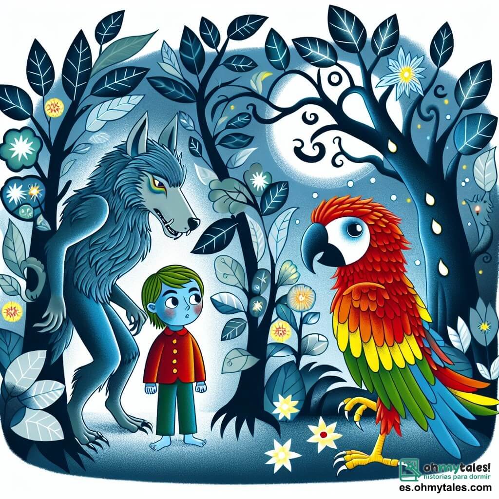 Une illustration destinée aux enfants représentant un loup-garou, un garçon, un loup-garou transformé en perroquet, dans un bosque enchanté aux arbres aux feuilles argentées et aux fleurs phosphorescentes.