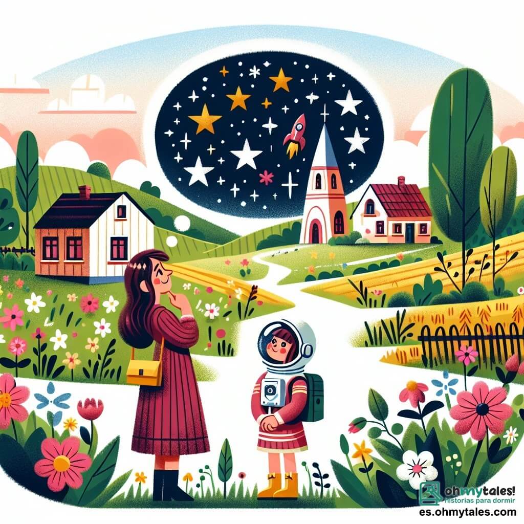 Une illustration destinée aux enfants représentant une jeune fille passionnée par les étoiles, accompagnée de sa mère encourageante, dans un petit village entouré de champs verdoyants et de fleurs colorées, rêvant de devenir astronaute.