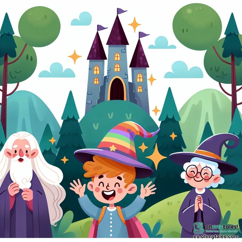 Une illustration destinée aux enfants représentant un jeune sorcier distrait aux cheveux arc-en-ciel, une sorcière âgée et rieuse, et une tour magique perchée au sommet d'une montagne entourée de bois enchantés.