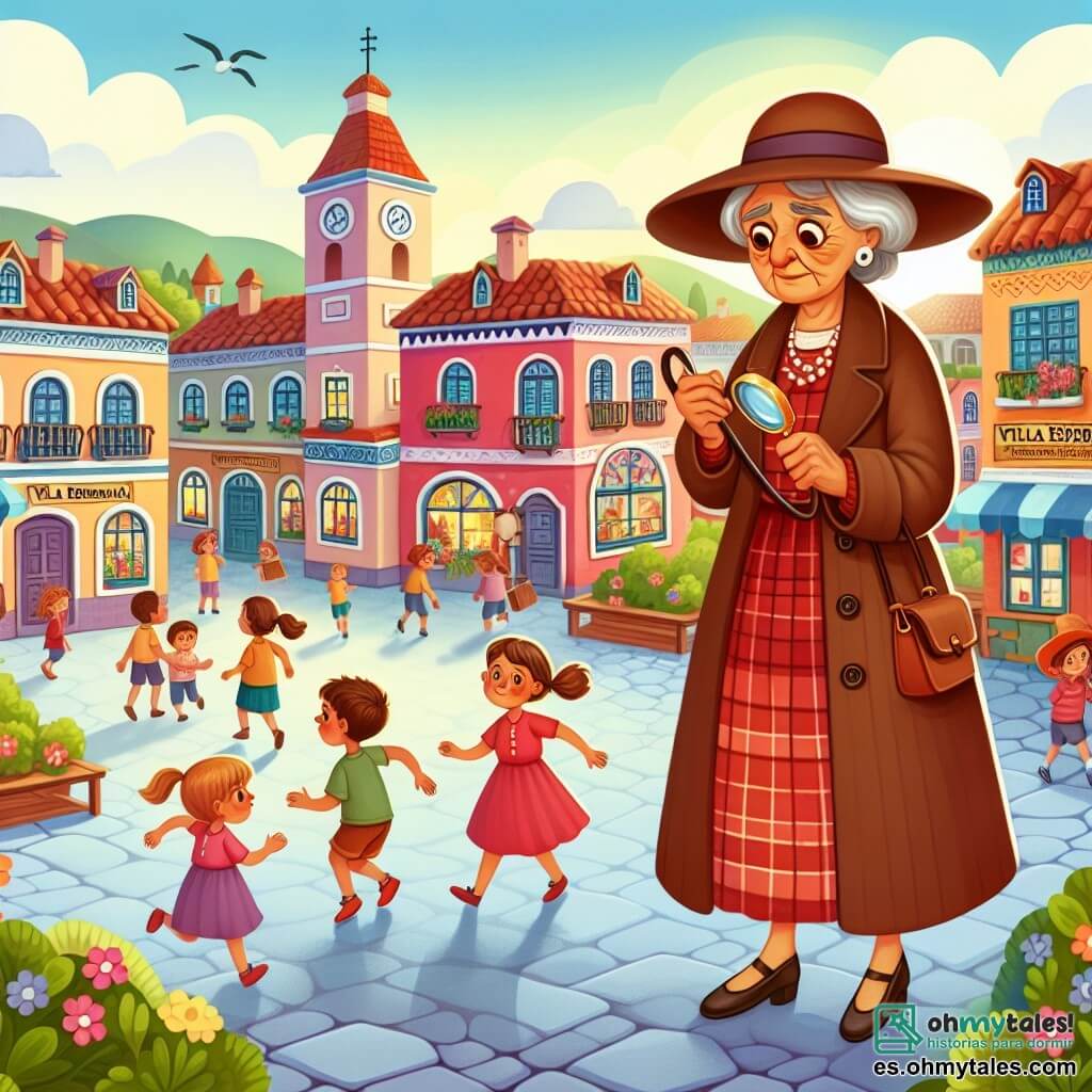 Une illustration destinée aux enfants représentant une brillante détective (femme) résolvant le mystère d'un collier disparu avec l'aide d'une vieille dame (femme) dans le paisible village de Villa Esperanza, où les maisons colorées bordent une place animée par des enfants qui jouent joyeusement.