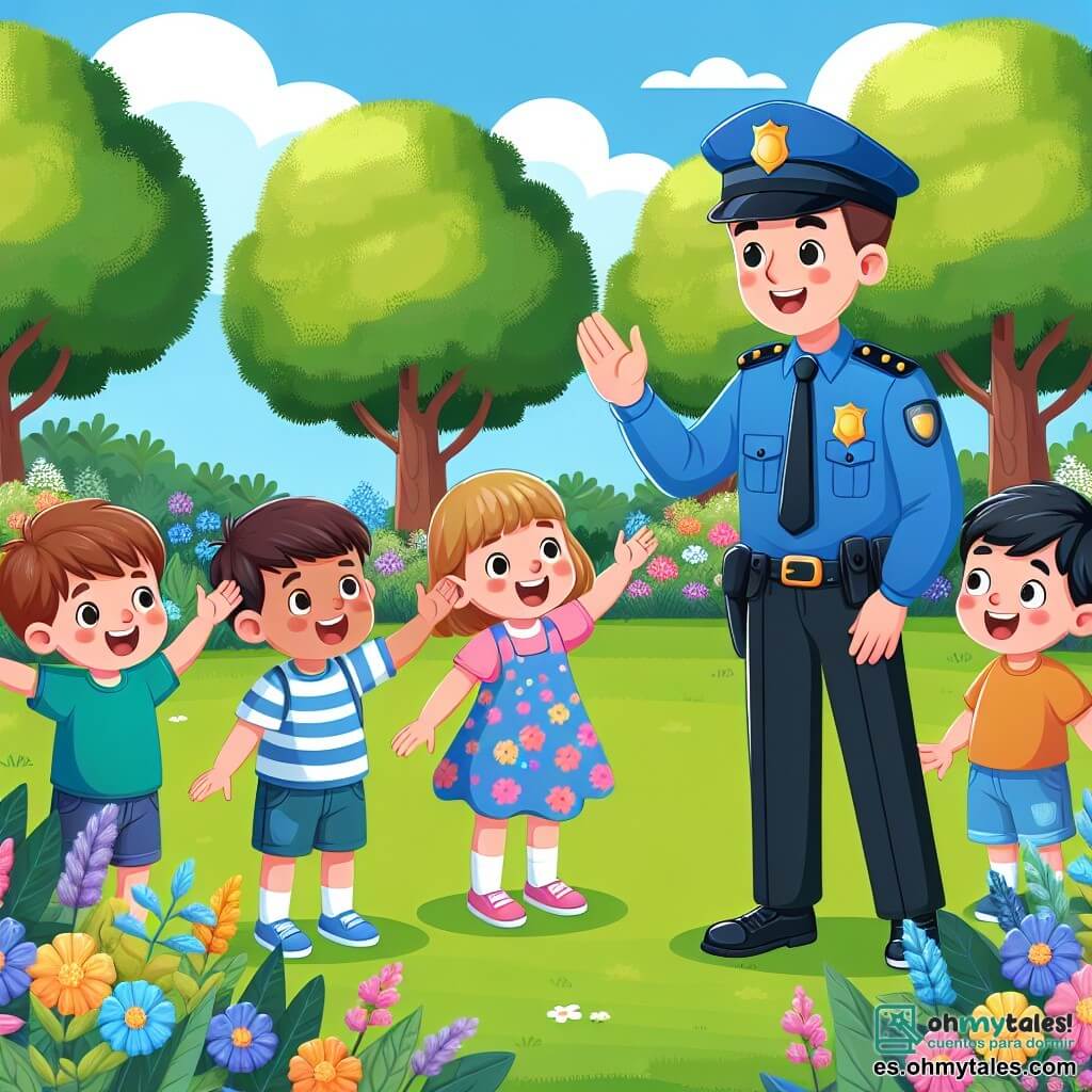Une illustration sous forme de dessin destinée aux enfants représentant un parc ensoleillé avec des arbres verdoyants et des fleurs colorées, où un policier souriant, un homme en uniforme bleu avec un chapeau, se penche pour parler à un groupe de trois enfants : un garçon aux cheveux bruns qui lève la main avec curiosité, une fille aux cheveux blonds qui sourit joyeusement, et un autre garçon aux cheveux noirs qui écoute attentivement, tous captivés par les histoires amusantes et les conseils de sécurité que leur raconte le policier.