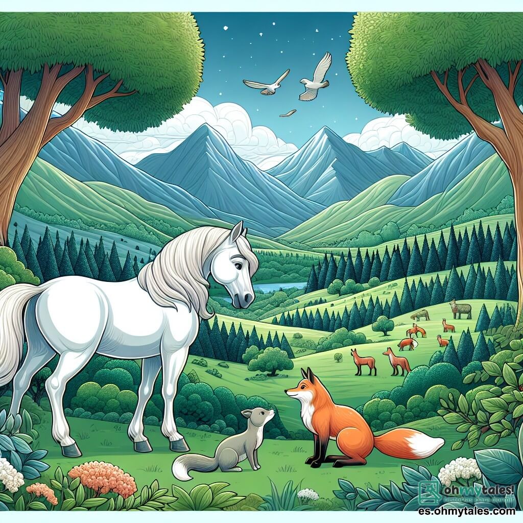 Une illustration destinée aux enfants représentant un majestueux cheval blanc, une situation de sauvetage d'un petit renard, un zorro mâle, dans un vaste et verdoyant vallée entourée de montagnes et de bosquets luxuriants.
