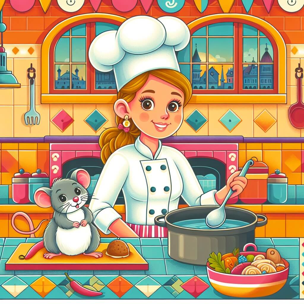 Une illustration destinée aux enfants représentant une femme chef cuisinier passionnée, accompagnée d'un adorable petit rat de cuisine, préparant des plats délicieux dans une cuisine chaleureuse et colorée d'un restaurant renommé.