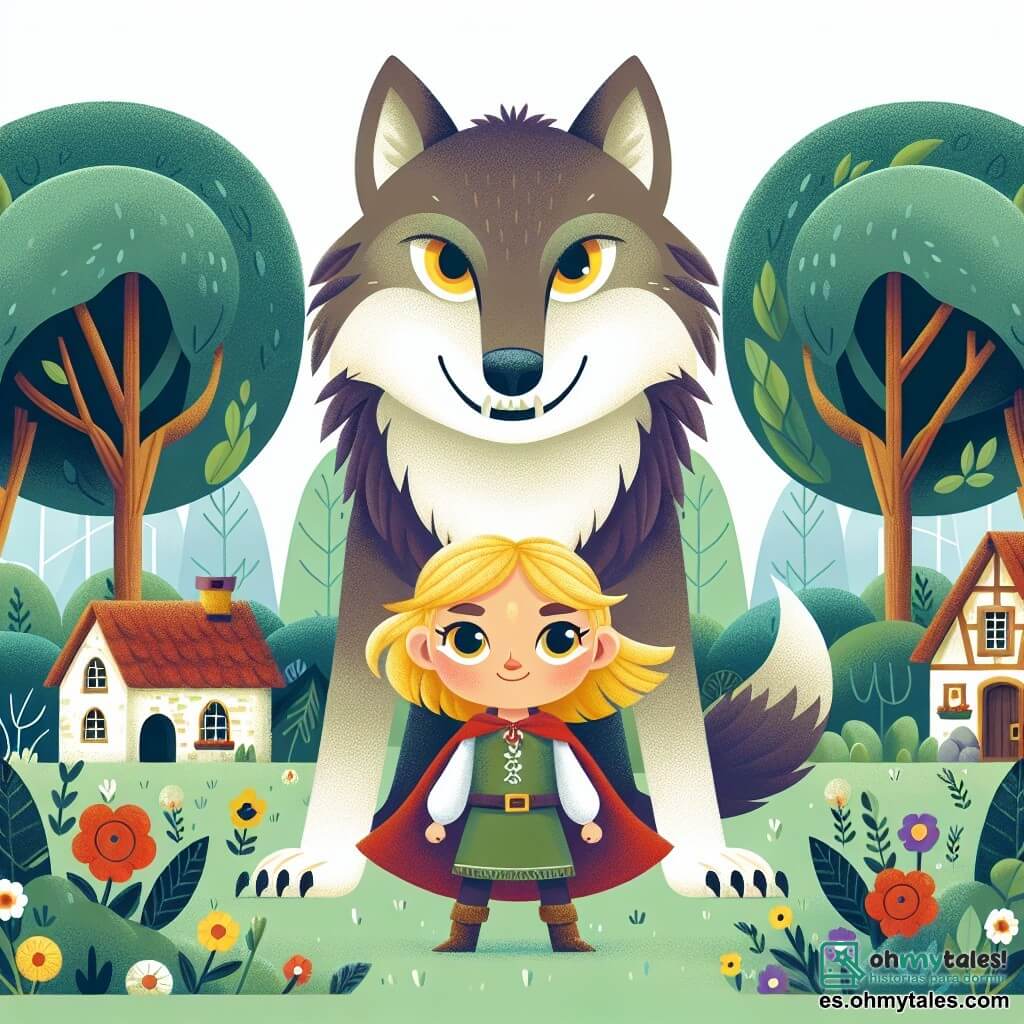 Une illustration destinée aux enfants représentant une petite fille aux cheveux dorés et aux yeux brillants, faisant face à un grand loup féroce dans un paisible village entouré de frondieux bosquets.