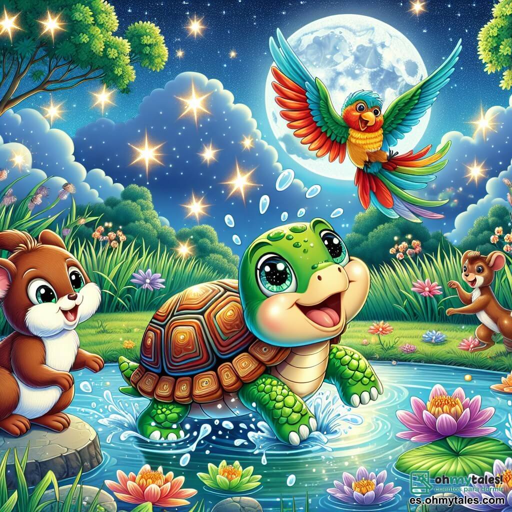 Ilustración que representa un estanque luminoso bajo la suave luz de la luna, rodeado de altas hierbas verdes y flores coloridas que bailan en la brisa nocturna. En el centro de la imagen, una tortuga con un caparazón brillante y colorido, con ojos chispeantes de curiosidad, emerge del agua, salpicando gotas centelleantes a su alrededor. A su lado, una pequeña ardilla traviesa, con pelaje marrón y ojos vivos, salta alegremente sobre una piedra, mientras que un loro de plumas brillantes, rojo y verde, vuela en círculos sobre ellos, emitiendo gritos alegres. La tortuga, con una amplia sonrisa, parece lista para unirse a una fiesta, rodeada de risas y cantos de ranas que se encuentran sobre los nenúfares, creando una atmósfera festiva y mágica. Estrellas brillantes titilan en el cielo, añadiendo un toque de magia a esta escena de aventura nocturna.