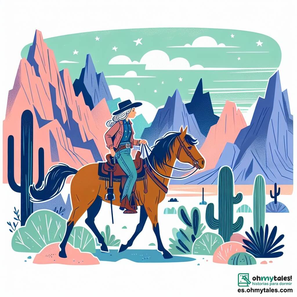 Une illustration destinée aux enfants représentant une cowgirl intrépide, accompagnée de son fidèle cheval, explorant les montagnes escarpées et les vastes déserts du Far West américain.