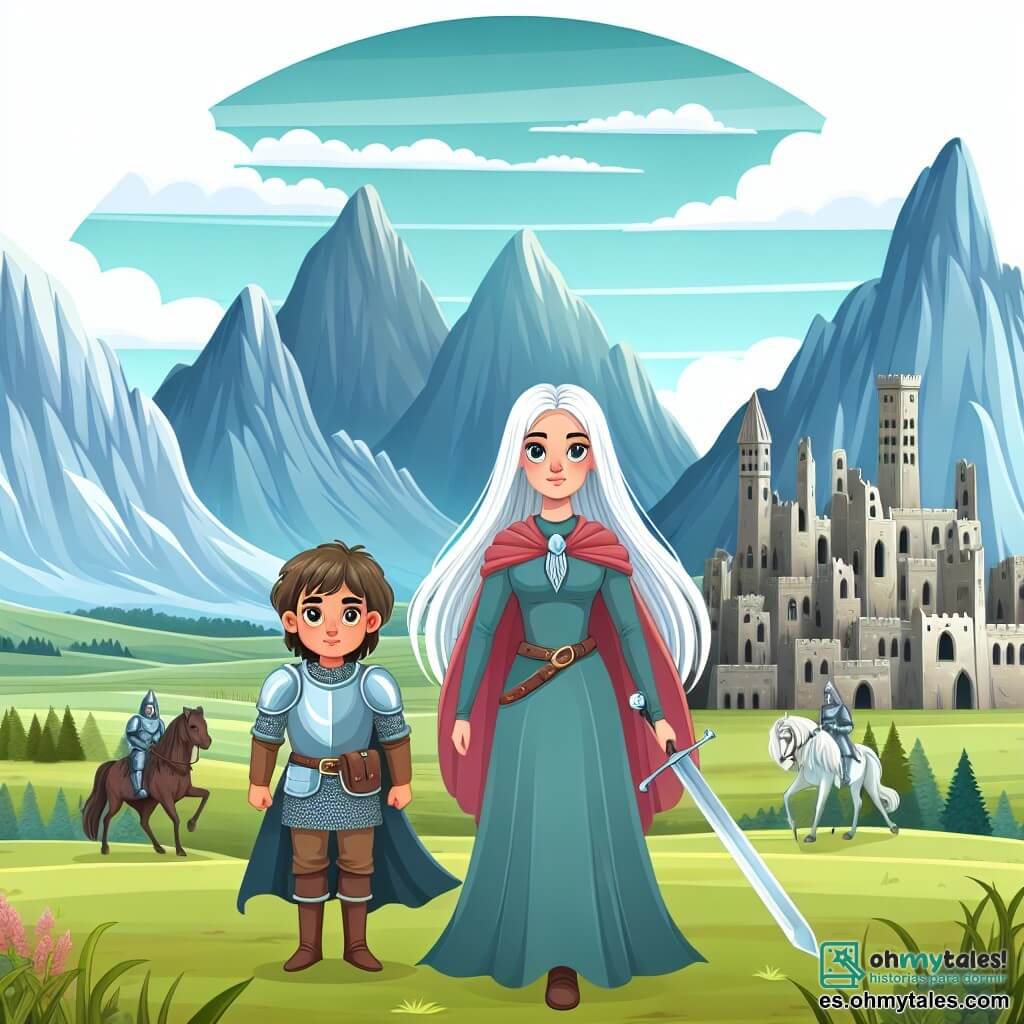 Une illustration destinée aux enfants représentant un jeune chevalier courageux se tenant devant une cité en ruines, accompagné d'une mystérieuse hechicera aux longs cheveux argentés, dans une vaste plaine verdoyante bordée de montagnes majestueuses.