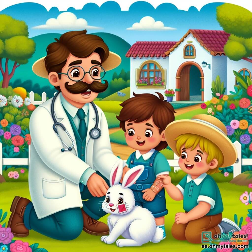 Une illustration destinée aux enfants représentant un homme avec un grand bigote et une bata blanche, aidant un petit garçon et une petite fille à soigner un adorable lapin blessé, dans la charmante clínica du Docteur Marcos, située dans le paisible village de Villa Alegre, entourée de fleurs colorées et d'arbres verdoyants.