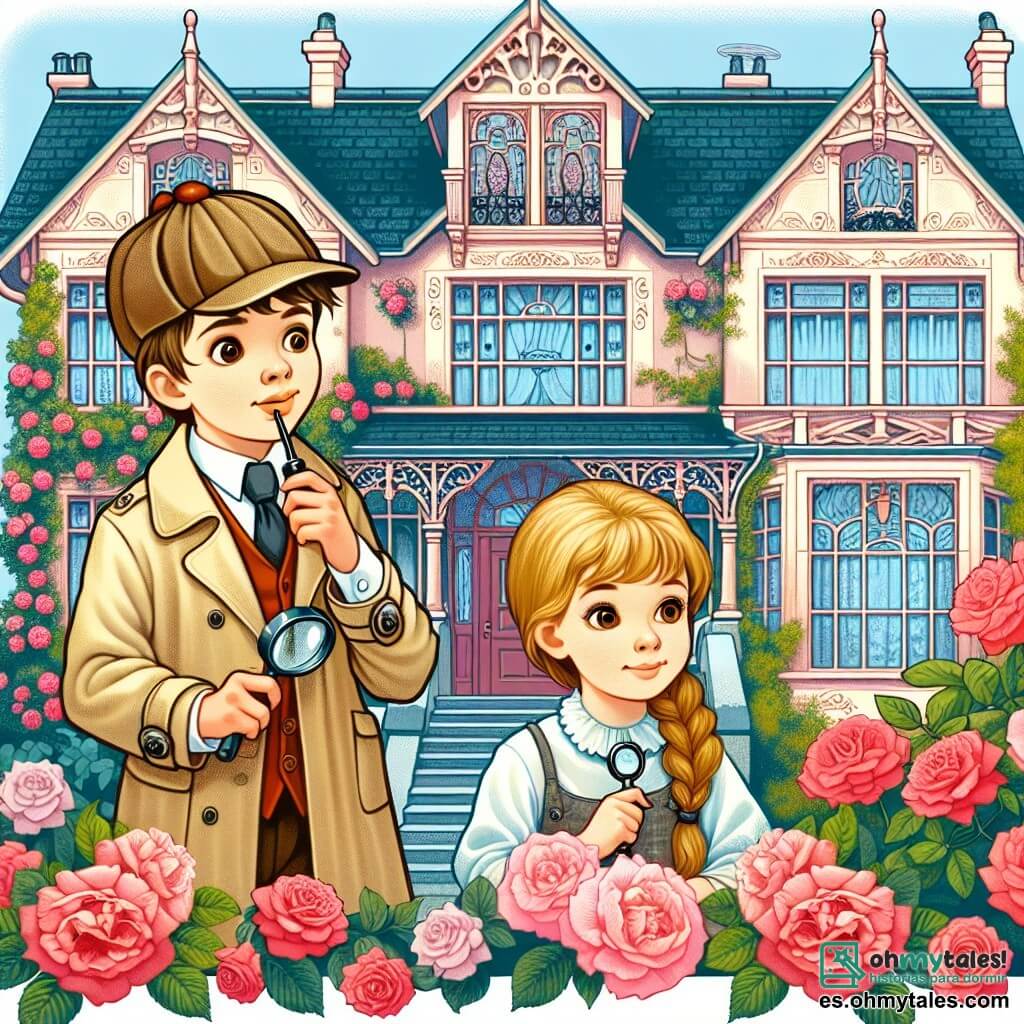 Une illustration destinée aux enfants représentant un jeune garçon détective résolvant un mystère avec l'aide d'une fillette curieuse, dans une somptueuse maison victorienne aux fenêtres ornées de rosiers en fleurs.