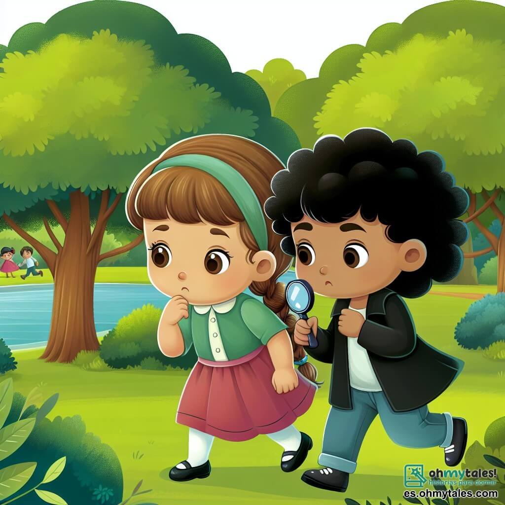 Une illustration destinée aux enfants représentant une petite fille aux yeux curieux et aux boucles brunes, accompagnée de son meilleur ami, un garçon aux cheveux noirs, découvrant un mystère dans un parc verdoyant avec des arbres touffus et un lac paisible.