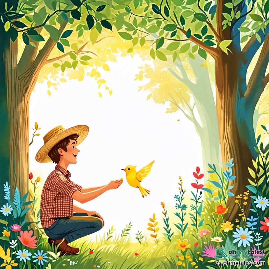 Une illustration sous forme de dessin destinée aux enfants représentant une forêt enchantée, avec de grands arbres aux feuilles vertes et des fleurs colorées, où un homme au sourire chaleureux, portant un chapeau de paille et une chemise à carreaux, s'agenouille pour libérer un petit oiseau doré aux plumes brillantes, qui semble chantonner joyeusement, tandis qu'une lumière douce filtre à travers les branches, créant une atmosphère magique et bienveillante.