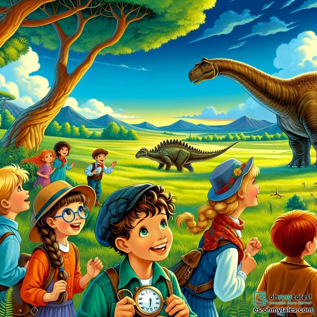 Ilustración que representa a un grupo de niños en un paisaje prehistórico vibrante. Al fondo, una vasta llanura verde se extiende bajo un cielo azul brillante, salpicada de grandes árboles con hojas exuberantes y montañas distantes. En el centro, un inmenso brontosaurio se mantiene pacíficamente, su silueta majestuosa contrastando con la vegetación circundante. Un niño de unos 10 años, con cabello rizado y ojos llenos de curiosidad, se inclina hacia adelante, maravillado por la escena. A su lado, una niña de 9 años, con gafas y una trenza, observa atentamente a un pequeño dinosaurio que se acerca a ellos, con una sonrisa alegre en el rostro. Otro niño, de 11 años, con una gorra y una mirada decidida, sostiene un antiguo reloj de bolsillo, listo para usarlo para viajar en el tiempo. Finalmente, una niña de 10 años, con cabello largo y un vestido colorido, cuenta una historia fascinante sobre los dinosaurios, cautivando la atención de sus amigos. La situación principal muestra al grupo de niños, fascinados por el descubrimiento de este mundo prehistórico, con una mezcla de asombro y emoción en sus rostros. Detalles adicionales incluyen flores coloridas, insectos voladores y huellas de dinosaurios en el suelo, que añaden a la atmósfera mágica y aventurera de esta escena.