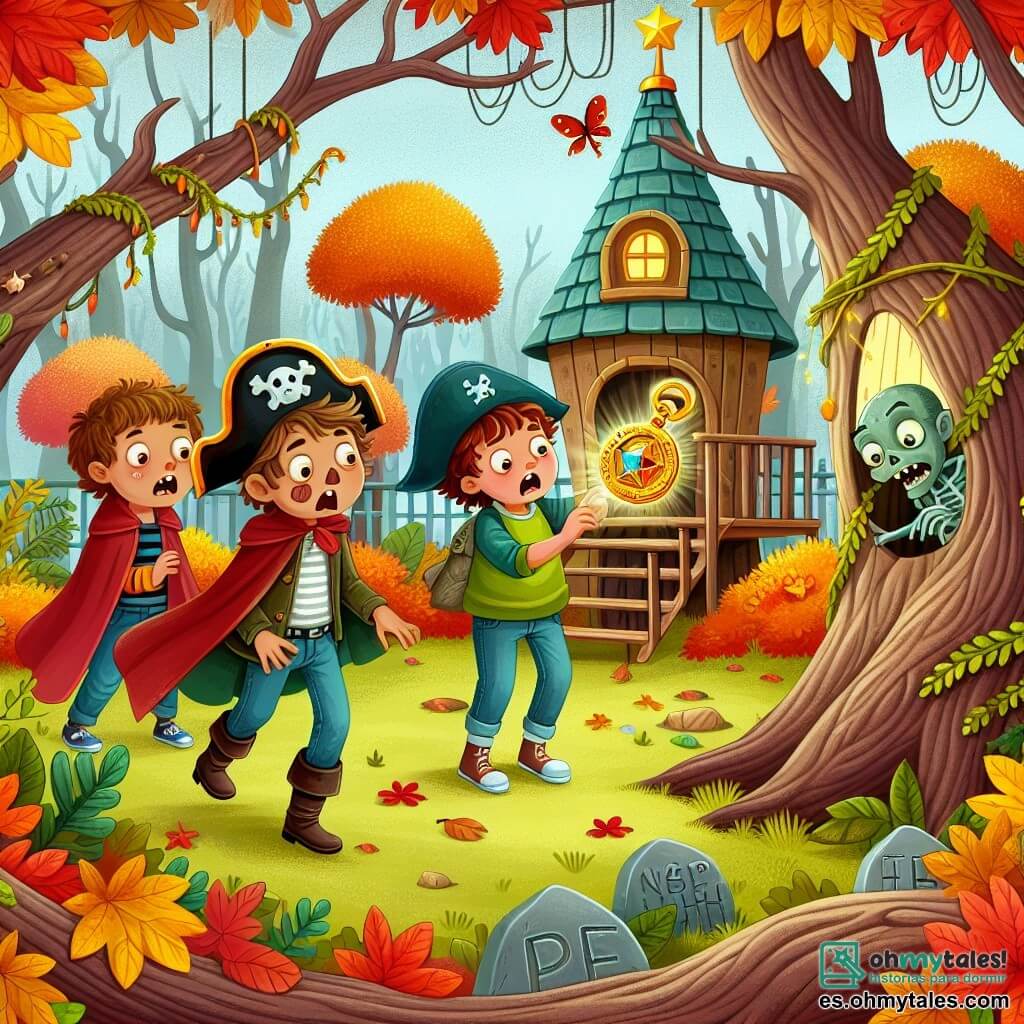Une illustration destinée aux enfants représentant un garçon déguisé en zombie pirate, accompagné de ses amis, découvrant un mystérieux talisman dans une maison de l'arbre enchantée, entourée de feuilles d'automne aux couleurs vives et de branches tordues.