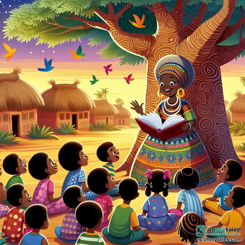Une illustration sous forme de dessin destinée aux enfants représentant un grand baobab majestueux au cœur d'un village africain vibrant, où une femme au sourire chaleureux, vêtue d'une robe colorée ornée de motifs traditionnels, raconte des histoires aux enfants aux yeux pétillants, entourée de garçons et de filles aux vêtements variés, tous captivés par ses paroles, tandis que le soleil couchant baigne la scène d'une lumière dorée et que des oiseaux colorés volent au-dessus d'eux, symbolisant l'unité et la richesse des cultures.