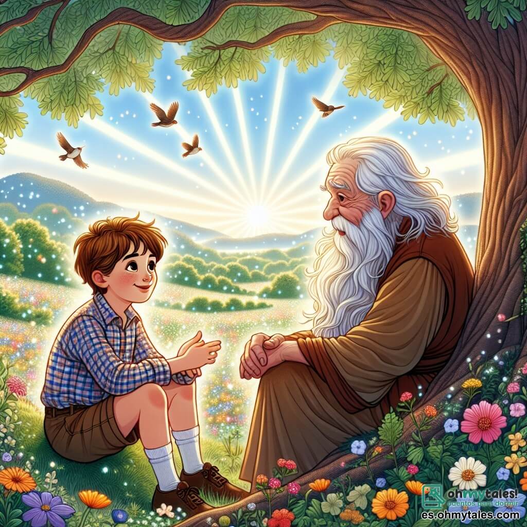 Une illustration sous forme de dessin destinée aux enfants représentant un vaste et lumineux Valle de los Susurros, où un garçon de 11 ans aux cheveux châtains et aux yeux pétillants, vêtu d'une chemise à carreaux et d'un short, est assis sous un grand chêne, entouré de fleurs colorées, en train de discuter avec un ancien au visage ridé et à la longue barbe blanche, vêtu d'une robe simple, qui lui enseigne des leçons de vie, tandis que des oiseaux chantent et que des rayons de soleil filtrent à travers les feuilles, créant une atmosphère magique et apaisante.
