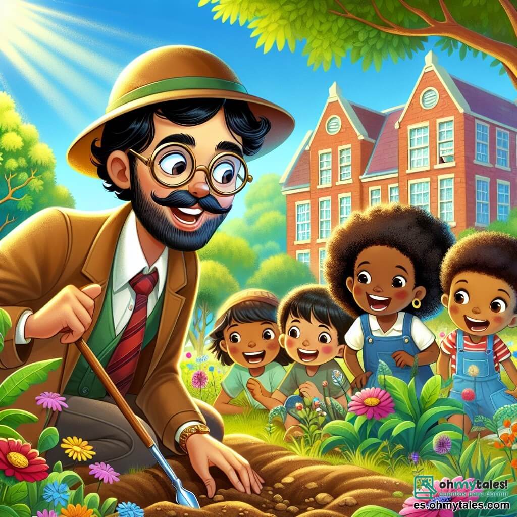 Une illustration destinée aux enfants représentant un homme élancé, aux lunettes rondes et au chapeau d'explorateur, fouillant avec passion dans le sol d'un ancien jardin scolaire, entouré de rires d'enfants curieux, dont une fille aux yeux pétillants et aux cheveux bouclés, tandis que le soleil brille sur les arbres verdoyants et que des fleurs colorées dansent doucement dans la brise, créant une atmosphère magique d'aventure et de découverte.