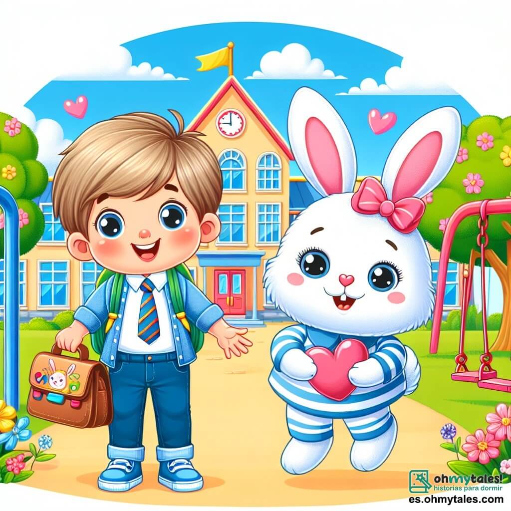Une illustration destinée aux enfants représentant un petit garçon, plein d'excitation, qui fait face à sa première rentrée des classes, accompagné de son nouvel ami, un joyeux lapin en peluche, dans une école colorée avec des arbres en fleurs, une aire de jeux remplie de balançoires et un grand bâtiment scolaire orné de fenêtres en forme de cœur.