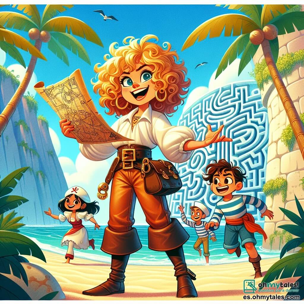 Une illustration sous forme de dessin destinée aux enfants représentant une scène vibrante sur une plage de sable blanc de l'île de Cayo Azul, où une jeune femme pirate aux cheveux rizados et dorés, vêtue d'une chemise blanche et d'un pantalon en cuir, brandit une carte au trésor avec un sourire déterminé, tandis qu'à ses côtés, un jeune garçon marin au visage espiègle et une fille aux yeux brillants, tous deux vêtus de vêtements colorés, l'observent avec excitation, alors qu'ils se préparent à explorer un ancien labyrinthe mystérieux caché derrière des palmiers dansants, symbolisant leur quête d'aventure et de trésors enfouis.