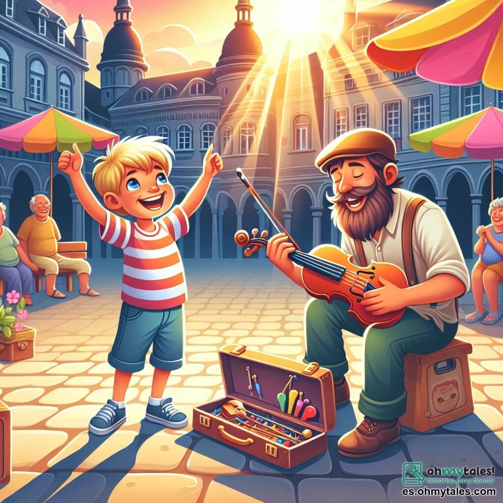 Une illustration destinée aux enfants représentant un jeune garçon enthousiaste découvrant la musique avec un musicien de rue coloré dans une place animée et ensoleillée.
