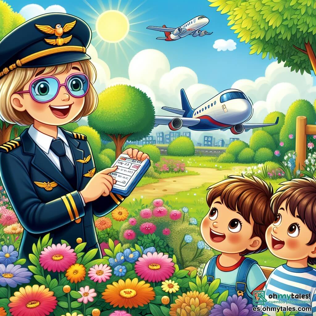 Une illustration sous forme de dessin destinée aux enfants représentant un parc ensoleillé avec des arbres verdoyants et des fleurs colorées, où une femme pilote souriante avec des lunettes de soleil et un uniforme de pilote, tenant un petit carnet de vérification, explique avec enthousiasme aux enfants, deux garçons aux cheveux bruns et une fille aux cheveux blonds, qui l'écoutent avec des yeux émerveillés, comment voler dans un avion, tout en jouant à faire semblant d'être dans un cockpit imaginaire.