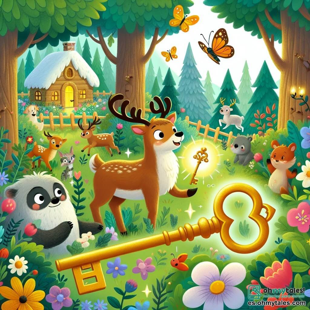 Une illustration destinée aux enfants représentant un renne courageux, découvrant une clé dorée mystérieuse, accompagné de ses amis animaux, dans un magnifique jardin enchanteur aux fleurs colorées et aux papillons virevoltants, situé au cœur d'une forêt féerique.