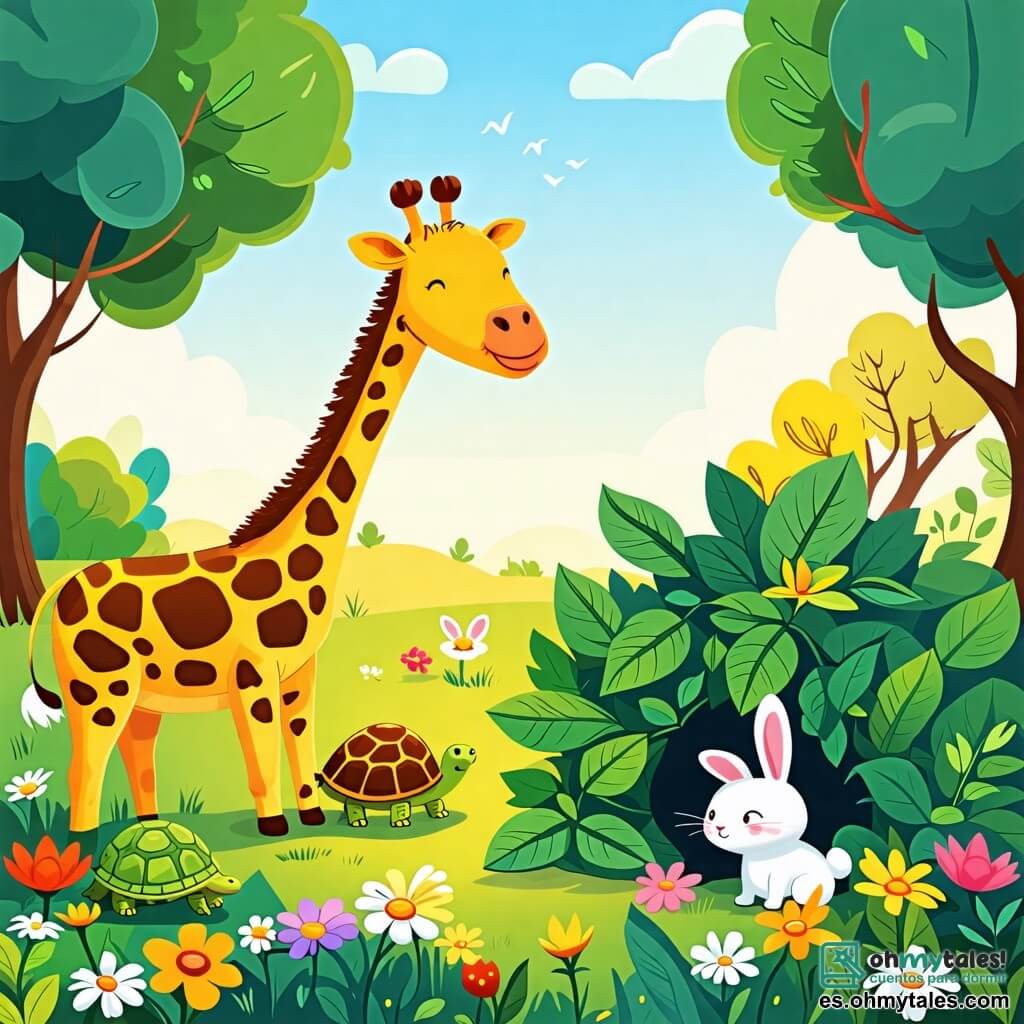 Une illustration sous forme de dessin destinée aux enfants représentant un parc ensoleillé avec de grands arbres verdoyants et des fleurs colorées, au centre une girafe au long cou tacheté de brun et de jaune, souriante et en train de jouer à cache-cache, entourée d'un petit lapin aux grandes oreilles blanches qui se cache derrière un buisson et d'une tortue au carapace verte se dissimulant sous une grande feuille, le tout capturant l'esprit joyeux et ludique de l'amitié animale.
