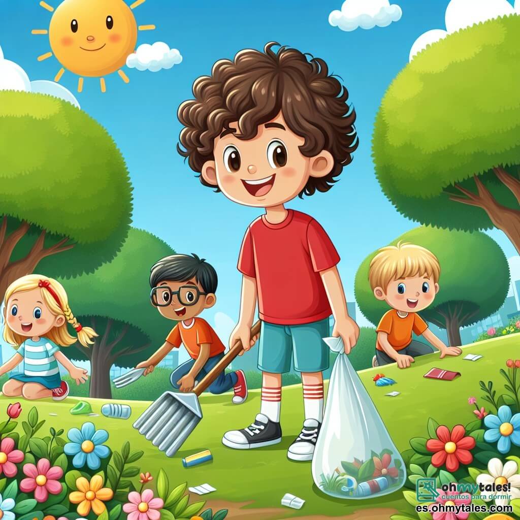 Une illustration sous forme de dessin destinée aux enfants représentant un parc coloré et ensoleillé, avec des fleurs éclatantes et des arbres verdoyants, où un garçon de 7 ans aux cheveux bruns et bouclés, portant un t-shirt rouge et un short bleu, est en train de ramasser des déchets avec un grand sourire, tandis qu'un groupe d'autres enfants, dont une fille aux cheveux blonds tressés et un garçon aux lunettes, l'aide joyeusement à nettoyer le parc, symbolisant leur engagement collectif pour protéger l'environnement et lutter contre le changement climatique.