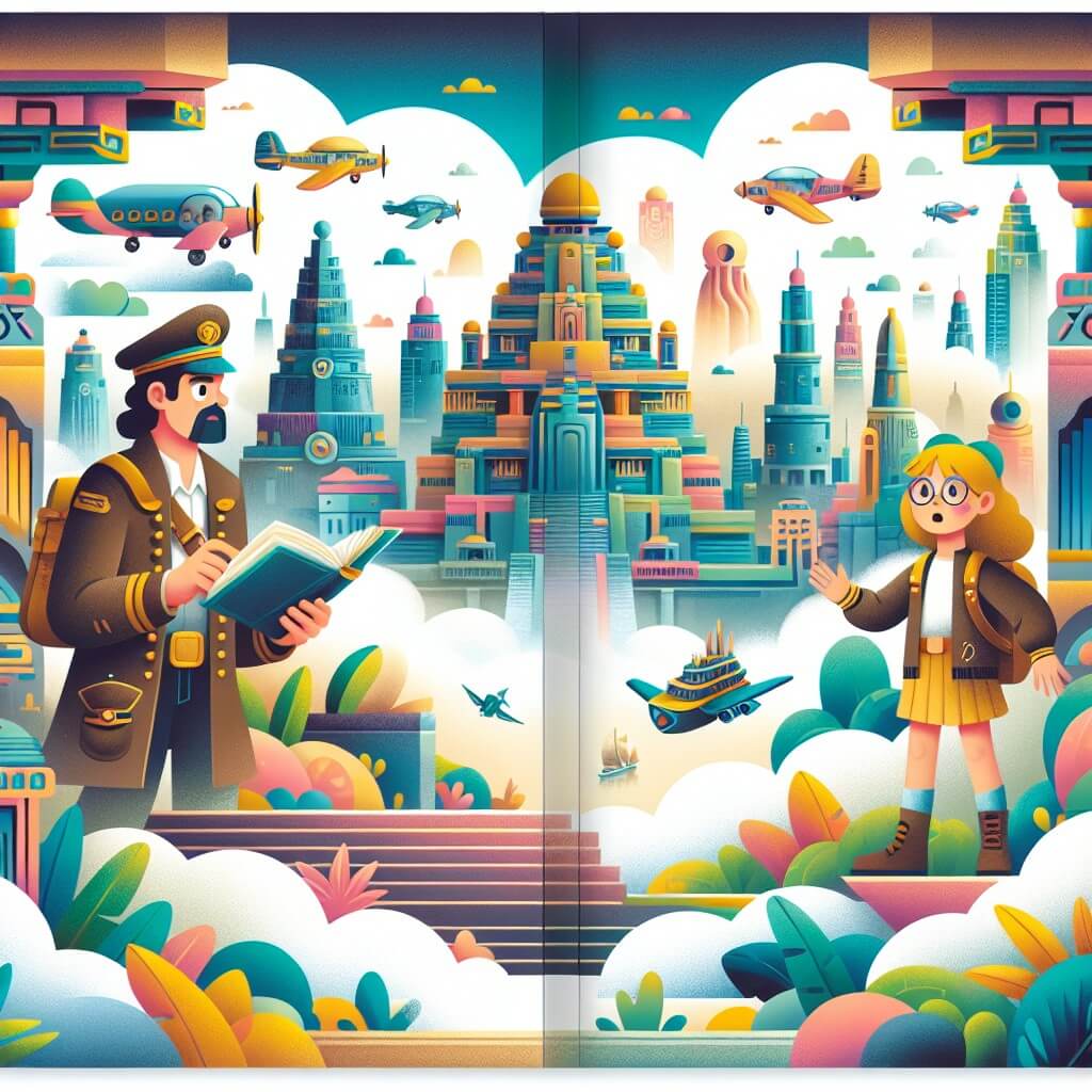 Une illustration destinée aux enfants représentant une jeune fille curieuse et aventurière, se trouvant dans une ville futuriste remplie de rues colorées, de rascacielos s'élevant jusqu'aux nuages, et de véhicules volants, accompagnée d'un mystérieux capitaine, se préparant à explorer un ancien temple caché dans les hauteurs de la ville, entouré d'une brume énigmatique.