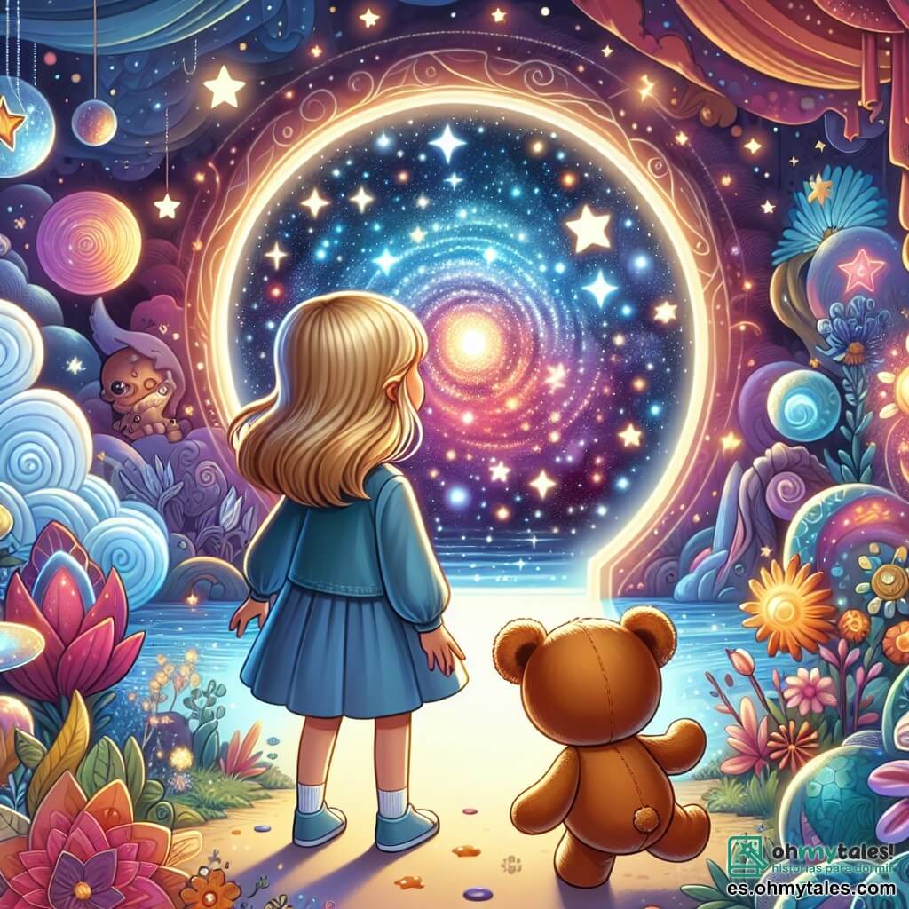 Une illustration destinée aux enfants représentant une jeune fille curieuse et rêveuse découvrant un mystérieux portal stellaire accompagnée de son fidèle ours en peluche, alors qu'ils se tiennent devant un éblouissant portail lumineux, au cœur d'un univers enchanté aux couleurs vives et aux créatures fantastiques.