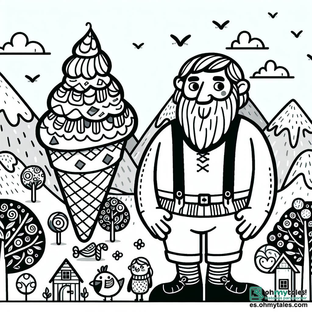 Une illustration destinée aux enfants représentant un géant rigolo, accompagné d'un petit oiseau malicieux, dans un monde féerique rempli de montagnes en forme de glaces géantes, de maisons faites de bonbons et d'arbres aux branches multicolores.