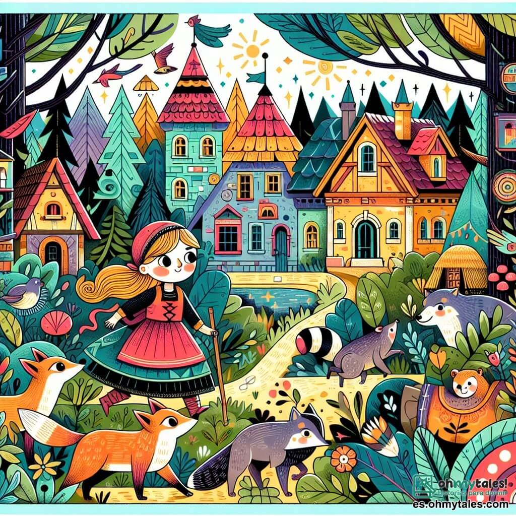 Une illustration destinée aux enfants représentant une petite fille courageuse, accompagnée de ses amis animaux, explorant un village coloré et enchanté dans la forêt.