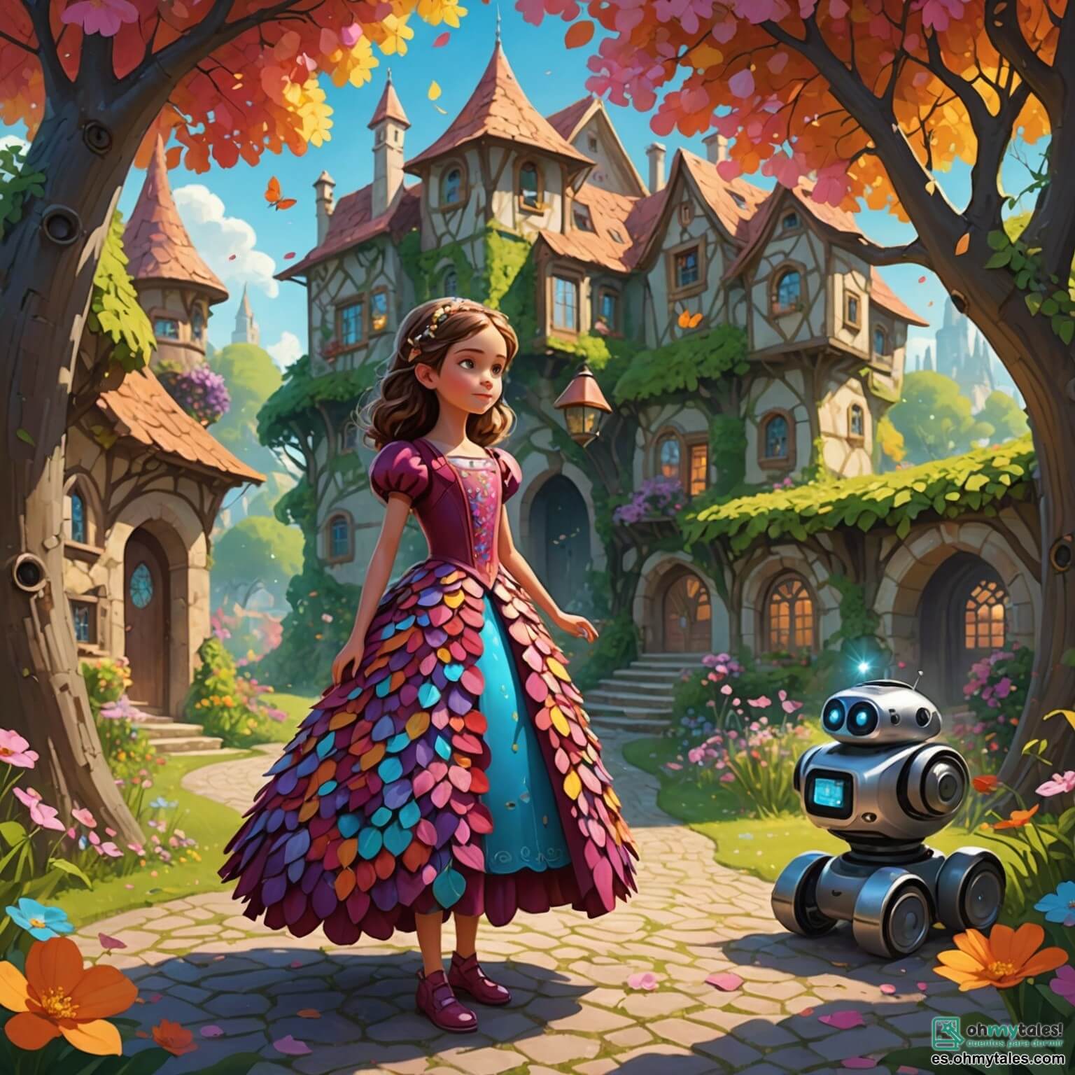 Une illustration destinée aux enfants représentant une jeune fille au cœur pur, vêtue d'un magnifique robe faite de pétales de fleurs éclatantes, se tenant dans un jardin enchanté où des arbres aux feuilles scintillantes dansent sous la brise, tandis qu'un petit robot aux yeux pétillants l'observe avec bienveillance, dans un village futuriste où la nature et la technologie s'entrelacent harmonieusement.