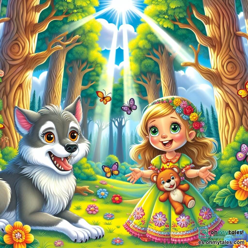 Ilustración que representa una escena encantada en un bosque luminoso, donde grandes árboles de troncos retorcidos se elevan hacia un cielo azul salpicado de nubes esponjosas. Los rayos del sol filtran a través de las hojas, creando patrones de luz en la hierba verde. En el centro de la imagen, una niña de 3 años, con largos cabellos rubios y ojos brillantes de curiosidad, lleva un vestido colorido adornado con flores. Sostiene un oso de peluche en sus brazos, sonriendo alegremente, mientras mira a un gran lobo de pelaje gris y suave, sentado frente a ella, con ojos brillantes y amistosos. El lobo, aunque grande, irradia una aura amigable, con las orejas erguidas y la cola moviéndose suavemente, mostrando que está feliz. En el fondo, algunas flores coloridas bailan al viento, añadiendo un toque de magia a la escena. La situación principal muestra a la niña y al lobo jugando juntos, ilustrando un momento de descubrimiento y amistad, donde el miedo se ha transformado en alegría. Mariposas multicolores vuelan a su alrededor, simbolizando la ligereza y la armonía de su nueva amistad.