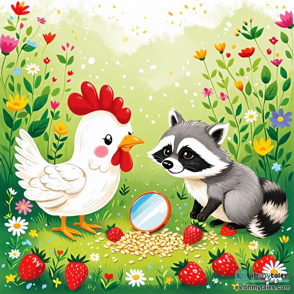 Une illustration sous forme de dessin destinée aux enfants représentant un champ verdoyant parsemé de fleurs colorées, avec une poule aux plumes blanches et brillantes, curieuse et joyeuse, picorant des grains sur le sol, tandis qu'à ses côtés, un petit raton laveur au pelage gris et aux yeux pétillants l'observe avec un sourire, tous deux découvrant un petit miroir scintillant parmi les fraises, symbolisant leur belle amitié et leur esprit d'aventure.