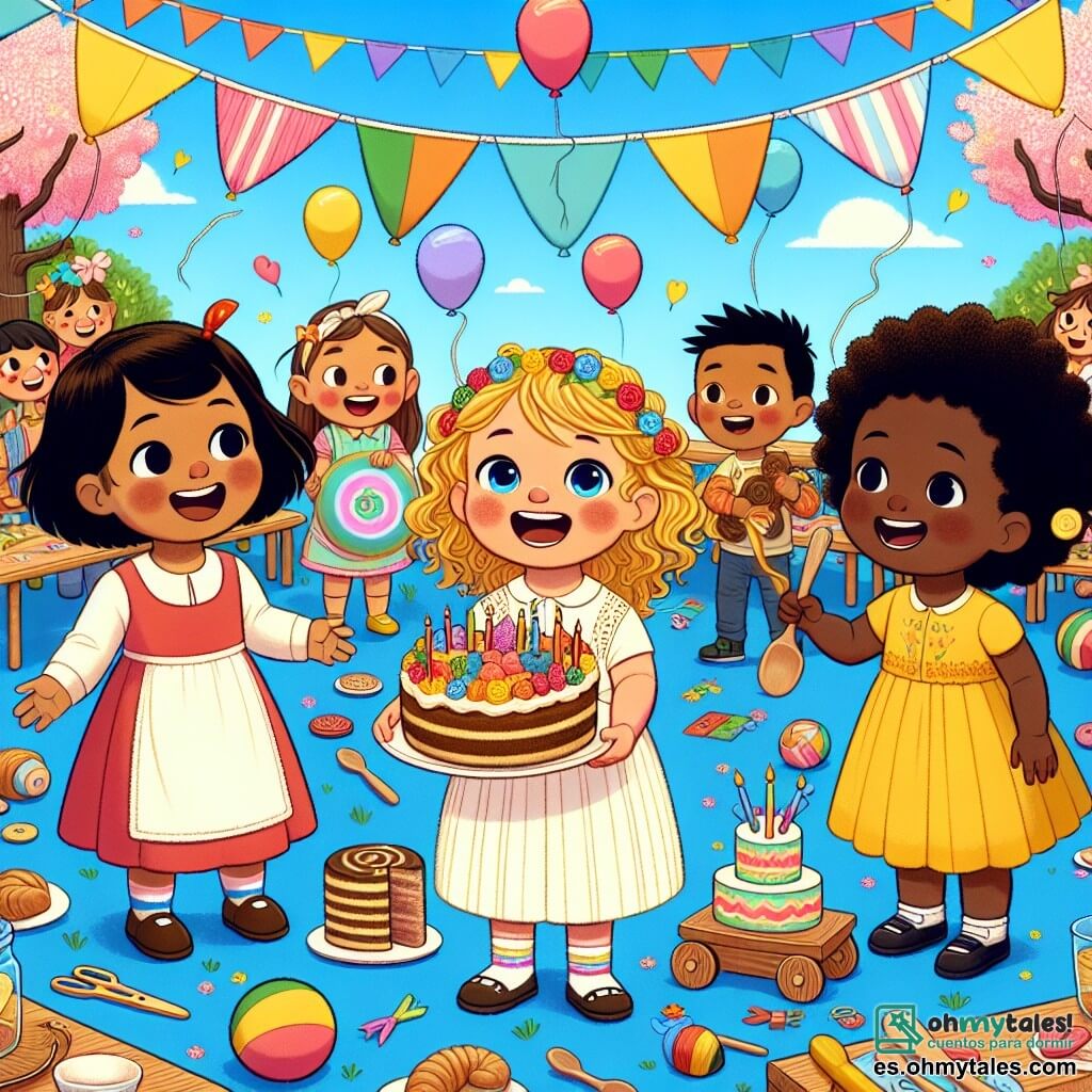 Ilustración que representa un alegre festival de diversidad en un patio escolar colorido, rodeado de árboles en flor y globos multicolores flotando en el cielo azul. En el centro, una niña de 3 años con cabello rizado dorado y ojos brillantes, sonriente, sostiene un plato de pasteles caseros, radiante de orgullo. A su lado, otra niña de 4 años, con cabello lacio castaño y piel clara, canta alegremente, sus ojos brillando de emoción. Un niño de 5 años, con cabello negro y rizado y piel oscura, muestra orgullosamente sus juguetes de madera, hechos por su abuelo, con una sonrisa brillante. La escena irradia una atmósfera de camaradería y compartir, con niños riendo e intercambiando historias, mientras decoraciones coloridas y pancartas flotan a su alrededor, simbolizando la unidad en la diversidad.
