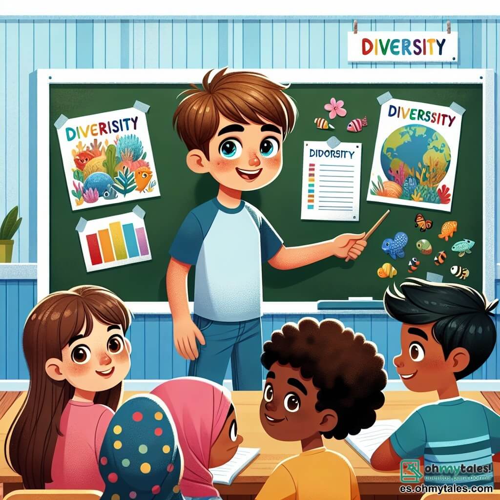 Une illustration sous forme de dessin destinée aux enfants représentant une salle de classe colorée et accueillante, avec des affiches sur la diversité accrochées aux murs, où un garçon de 12 ans aux cheveux bruns et aux yeux pétillants, vêtu d'un t-shirt bleu, se tient debout devant un tableau, souriant et présentant un projet sur la biodiversité, tandis qu'une fille de 11 ans aux cheveux bouclés et à la peau foncée, originaire du Maroc, l'écoute attentivement, et un garçon de 12 ans aux cheveux noirs et à la peau claire, d'origine latino-américaine, prend des notes avec enthousiasme, illustrant ainsi l'esprit de collaboration et d'apprentissage interculturel.