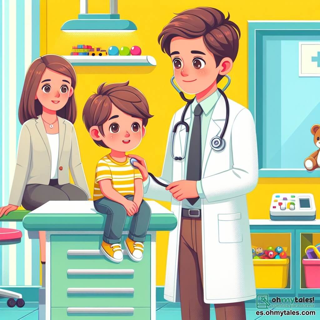 Une illustration sous forme de dessin destinée aux enfants représentant l'intérieur d'une clinique lumineuse avec des murs jaunes et des jouets colorés éparpillés dans la salle d'attente, où un médecin homme d'une trentaine d'années, portant une blouse blanche et un stéthoscope autour du cou, examine un jeune garçon aux cheveux bruns et aux joues roses, assis sur la table d'examen, tandis qu'une femme, la mère du garçon, aux cheveux châtains et au visage inquiet, observe la scène avec une expression d'espoir, capturant l'instant où le médecin rassure le petit patient sur son état de santé.