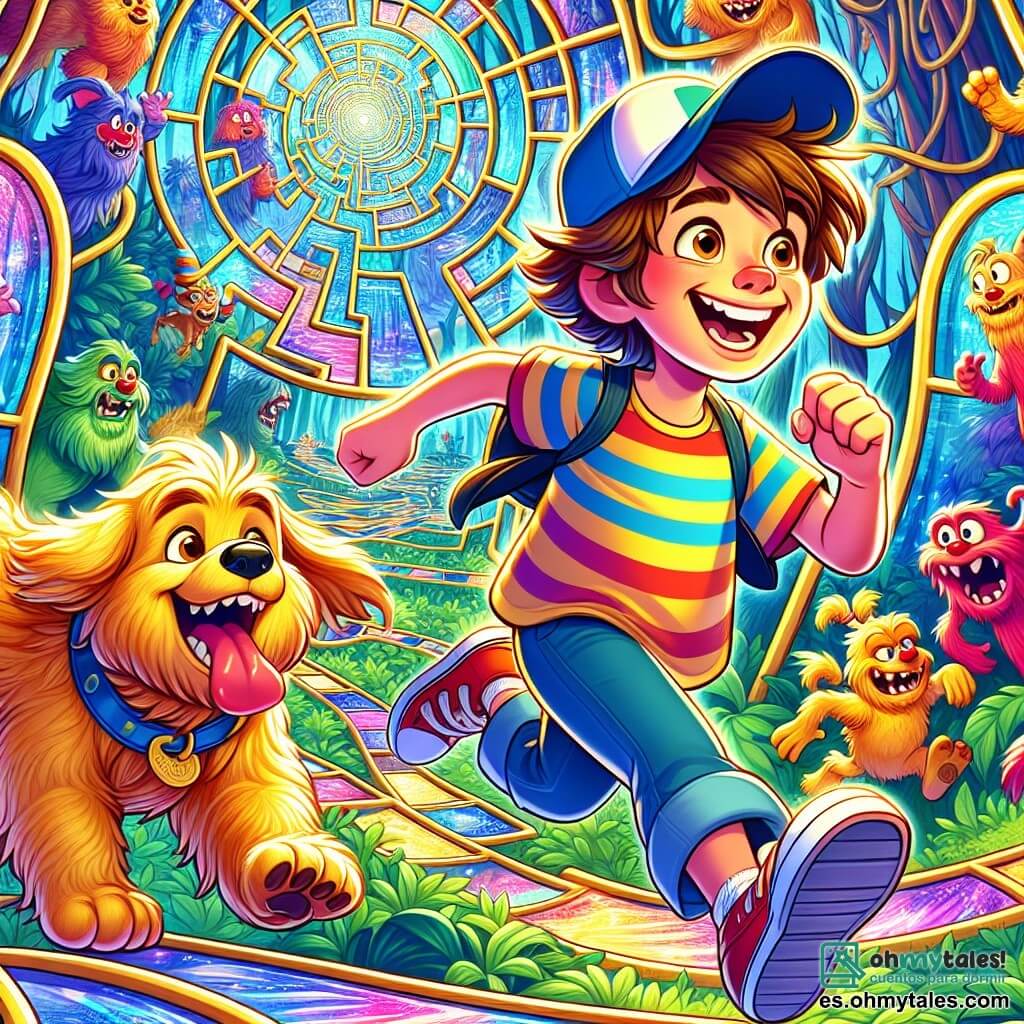 Une illustration sous forme de dessin destinée aux enfants représentant un vaste et coloré labyrinthe de miroirs scintillants dans une forêt enchantée, où un garçon de 11 ans, aux cheveux bruns en bataille et portant une gorra bleue et une t-shirt à rayures, court joyeusement en riant, tandis qu'un chien espiègle à poils dorés le suit de près, et des monstres colorés aux formes amusantes les entourent, tous riant et s'amusant ensemble alors qu'ils tentent de trouver le miroir magique qui les mènera à la prochaine épreuve du défi du Roi des Monstres.