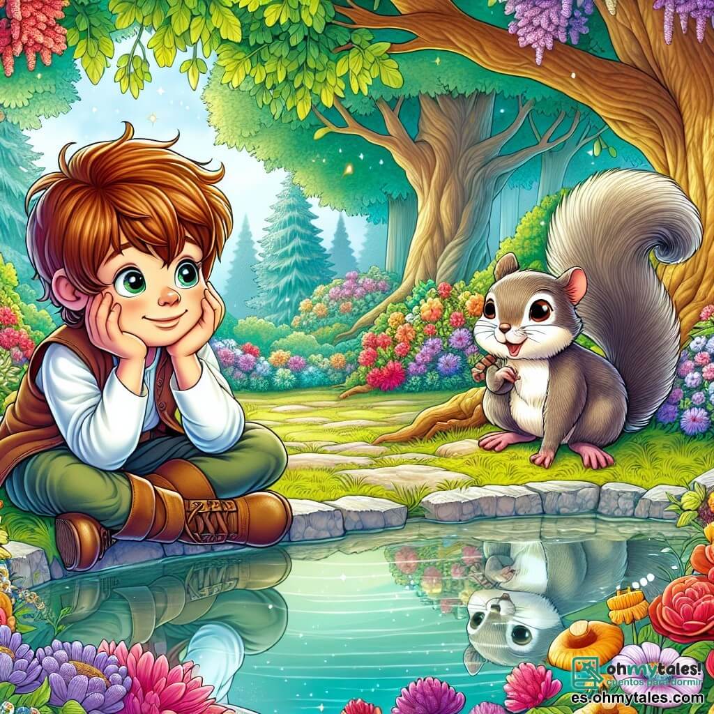 Une illustration sous forme de dessin destinée aux enfants représentant un jardin enchanté aux fleurs colorées et aux arbres majestueux, où un garçon de 11 ans aux cheveux châtains et aux yeux pétillants, assis au bord d'un miroir d'eau, réfléchit profondément à la vie, tandis qu'une petite ardille aux grandes oreilles et au pelage soyeux l'observe avec curiosité, capturant l'instant magique où le garçon cherche des réponses sur la sagesse et le bonheur dans ce lieu empreint de mystère et de sérénité.