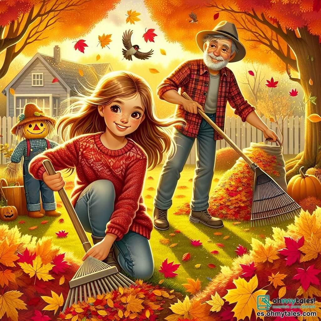 Ilustración que representa un jardín de otoño vibrante de colores, con hojas doradas, rojas y naranjas cayendo de árboles majestuosos. En el centro, una niña de 11 años, con largos cabellos castaños flotando al viento, está agachada, sosteniendo un rastrillo, con una gran sonrisa en su rostro. Lleva un suéter de lana rojo y pantalones de mezclilla, con las mejillas sonrojadas por el esfuerzo y el aire fresco. A su lado, un hombre mayor, probablemente su abuelo, con cabello gris y barba bien cuidada, está de pie, observando la escena con orgullo. Lleva una camisa a cuadros y un sombrero de paja. Juntos, recogen hojas caídas, creando montones coloridos a su alrededor. El sol brilla suavemente, iluminando el jardín y creando una atmósfera cálida y alegre, mientras un espantapájaros divertido, vestido con ropa desgastada, se erige orgullosamente en el fondo, cuidando el jardín.